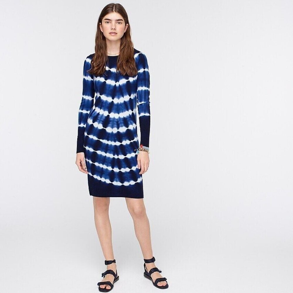 NWT J.Crew Long-sleeve Tie-dyed Cashmere Crewneck Dress in Classic Navy Sky XS